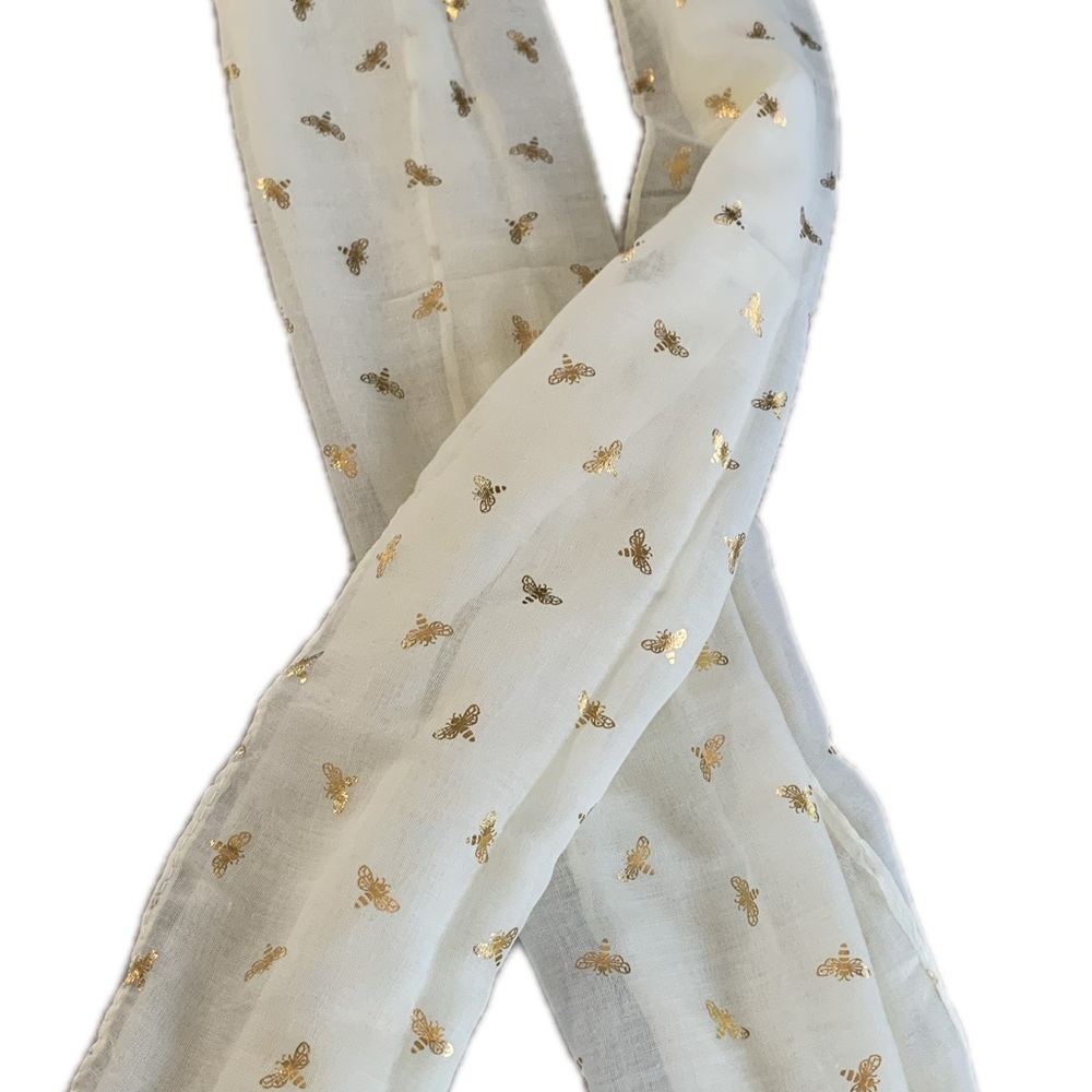 Sheer Cream Scarf with Gold Bee Pattern 26x72